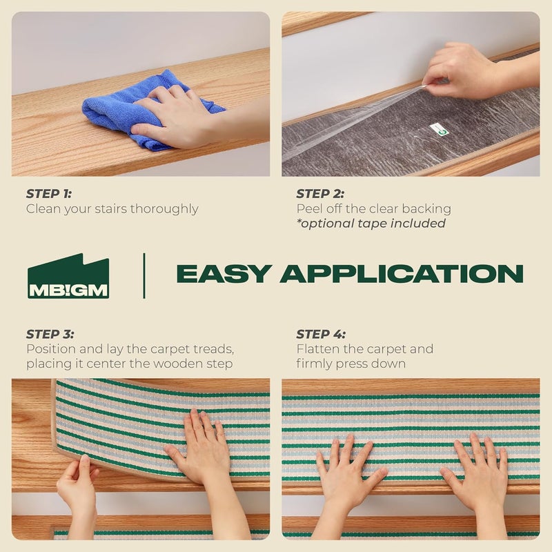 MBIGM 8" X 30" (15 in Pack) Non-Slip Carpet Stair Treads Non-Skid Safety Rug Slip Resistant Indoor Runner for Kids Elders & Pets with Reusable Adhesive - Soft Stripes - Serene Sage - Image 4